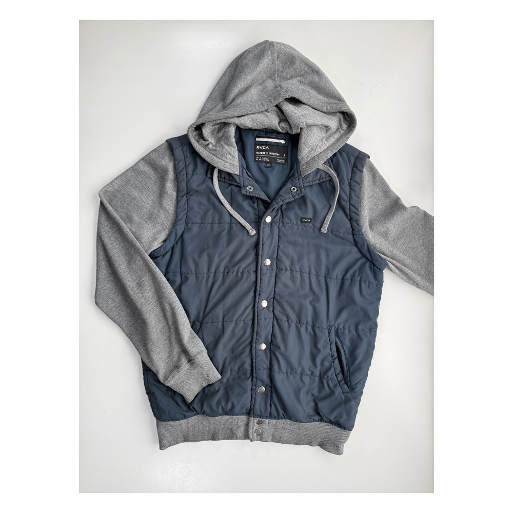 RVCA Nature x Industry Snap Hoodie Layered Vest Jacket Mens Small Navy Blue Gray
